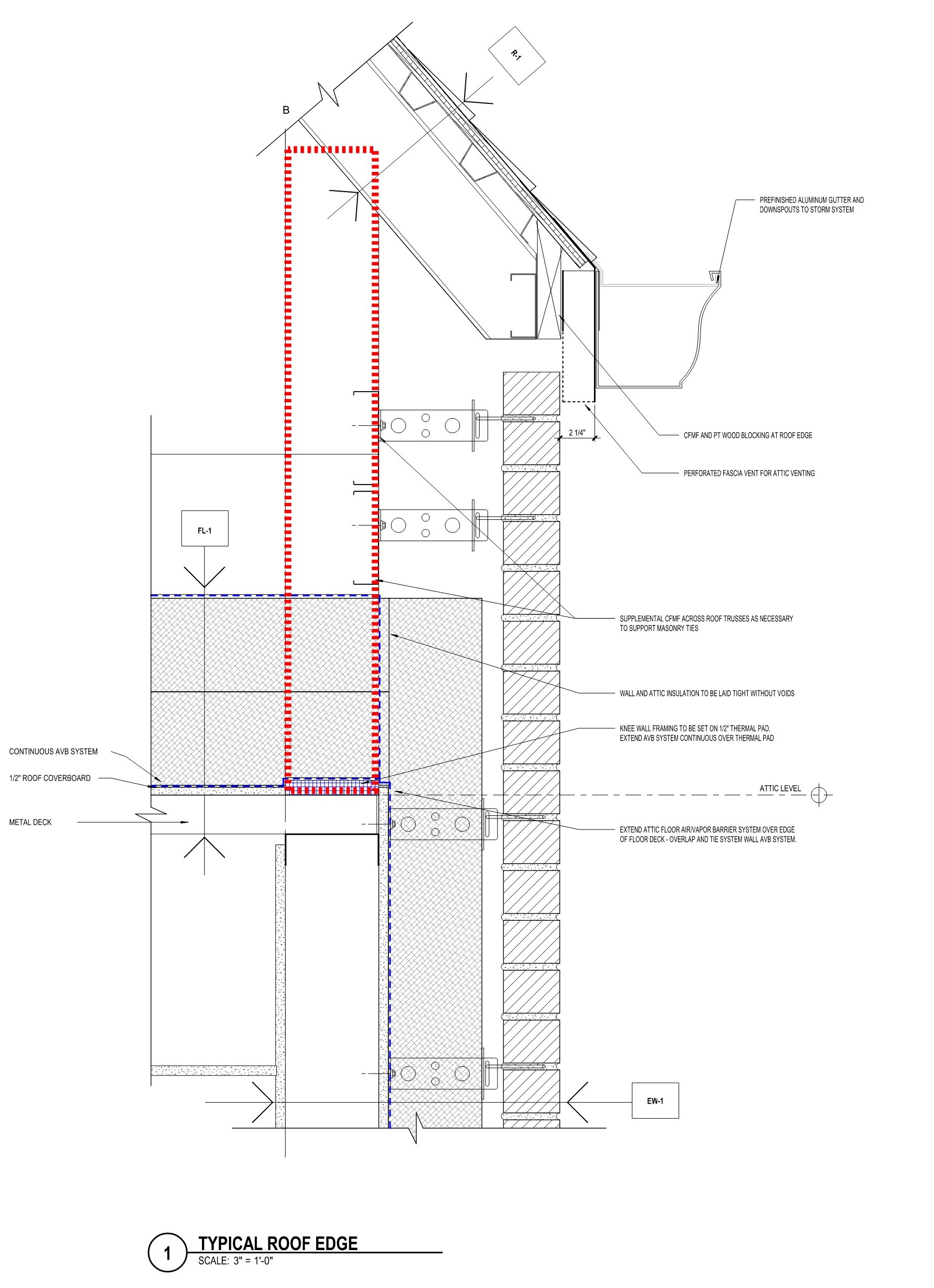 Attic floor detail with steel stud outlined in red (click to enlarge).