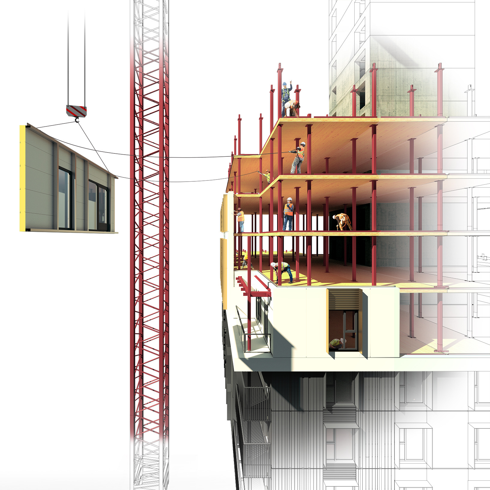 An illustration showing how the prefabricated panels are lifted into place. Courtesy of ZGF