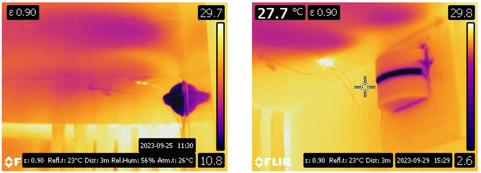 Figure 1: FLIR images showing reduced ceiling temperature along supply air path for induction-based diffusers.