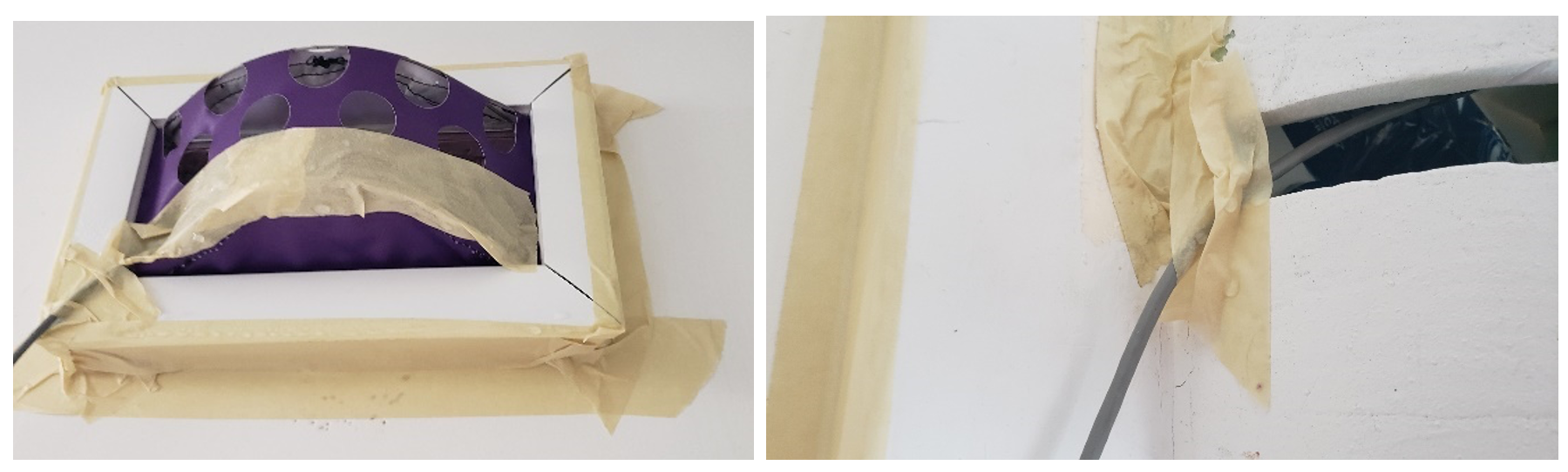 Figure 5: Images showing condensation on room side surfaces of tape and cable in line of airflow.