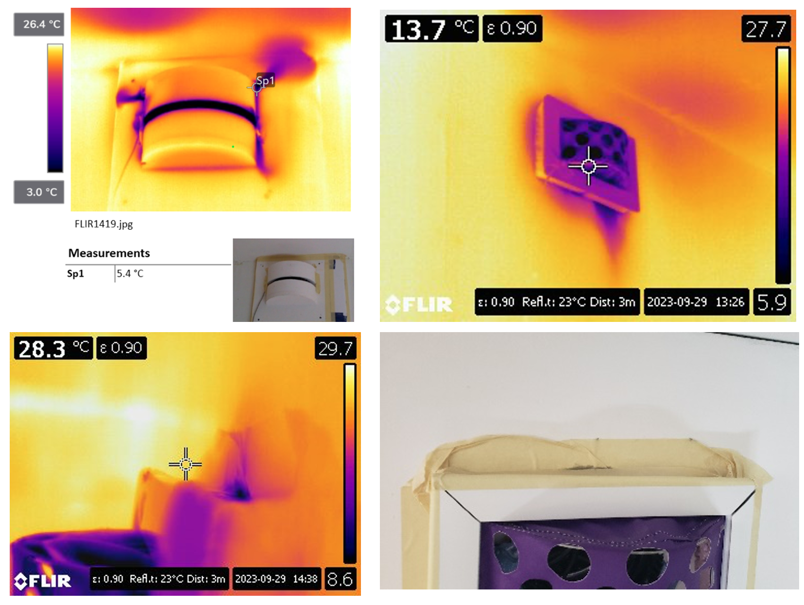 Figure 6: Images showing lower surface temperatures around the diffuser from air leakage caused by improper air sealing. Bottom right: image showing condensation at location of duct hole that was not properly covered.