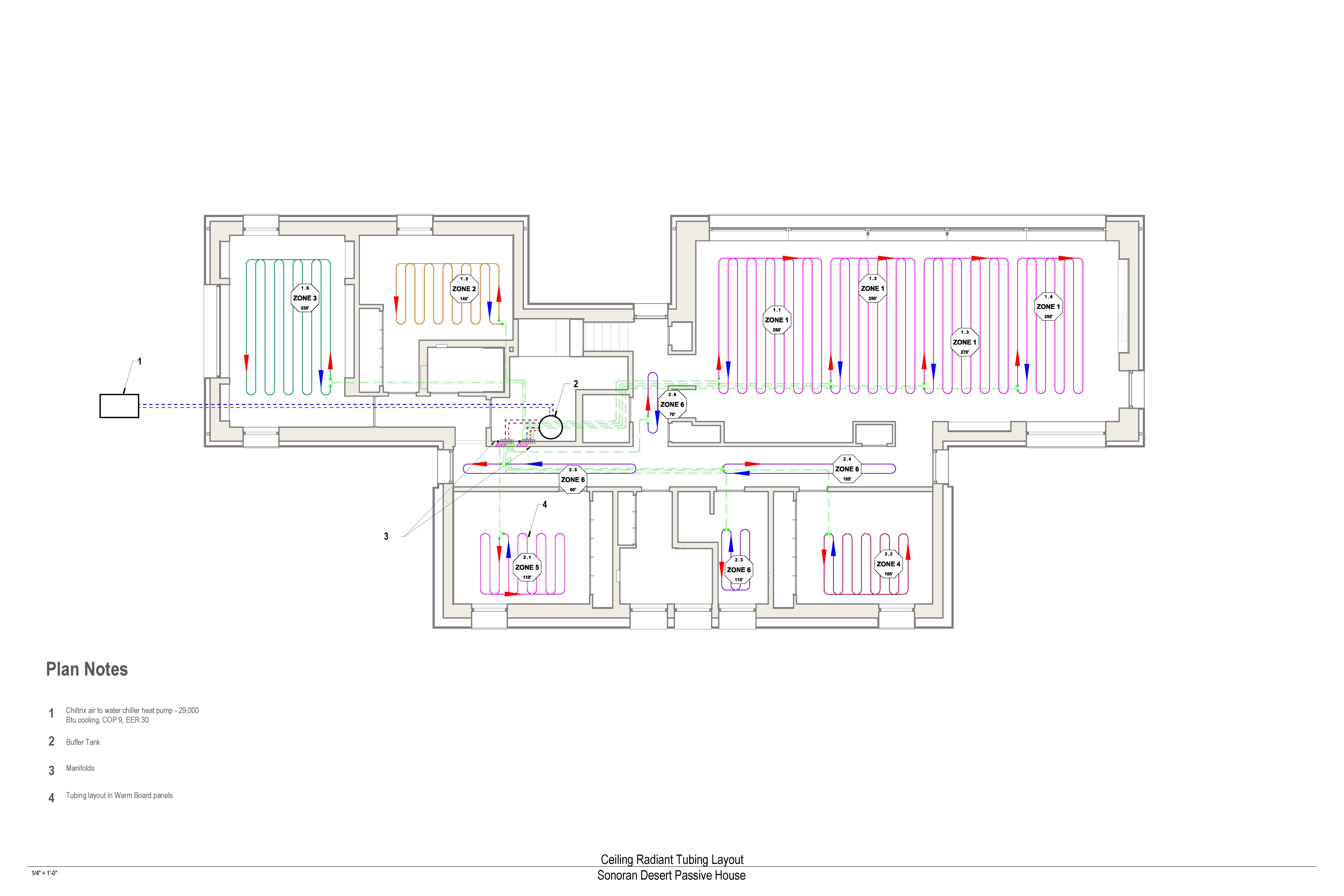 Figure 5b illustrates the ceiling radiant tubing system and layout.