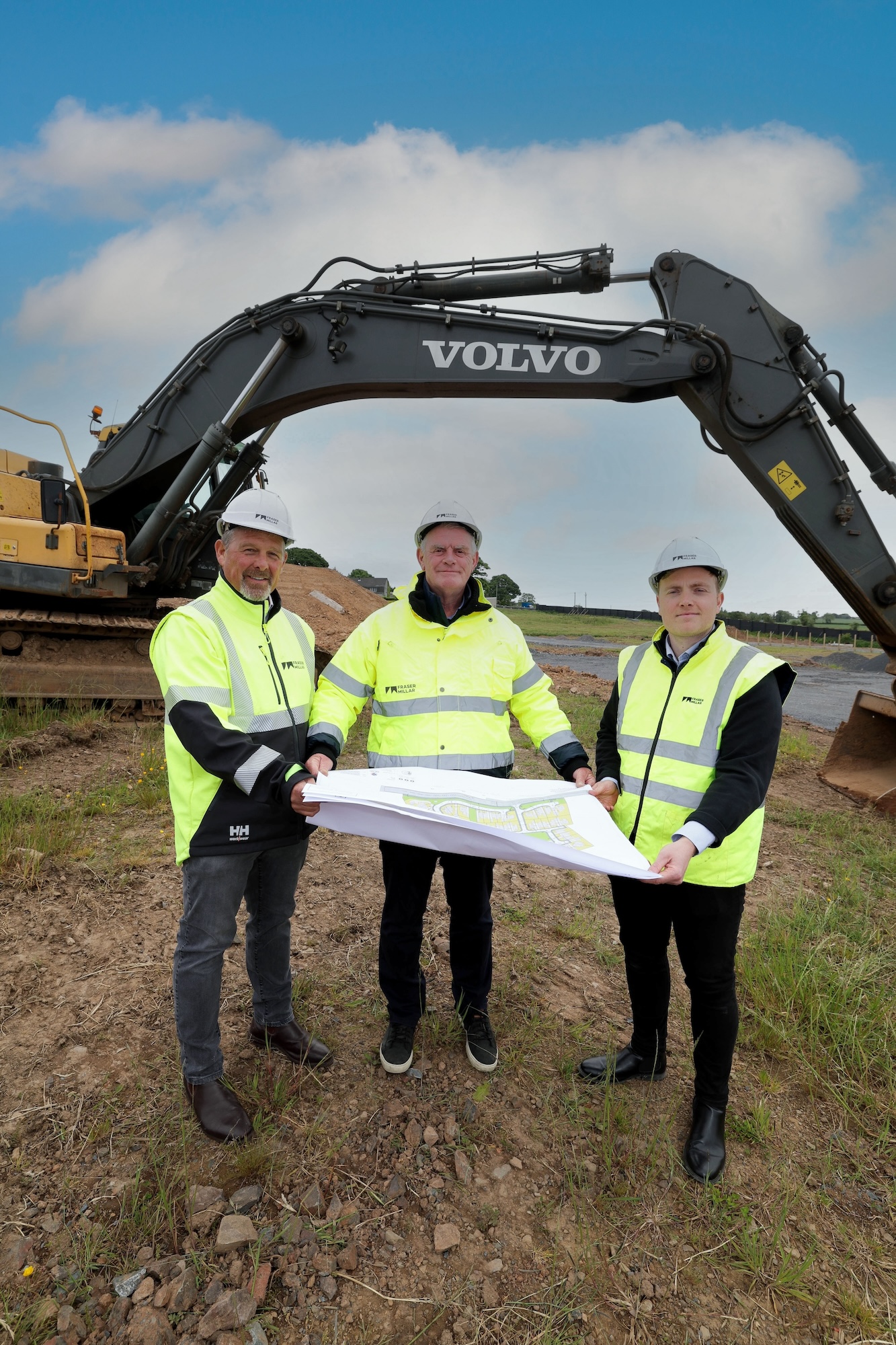 Belfast-based property developer Fraser Millar has launched Beaufort Green, Northern Ireland’s second Passive House development worth £30m on the Comber Road in Carryduff. Pictured on site are Fraser Millar’s directors, from left, David Millar, John Carrigan, and Charles Millar. Images courtesy of Fraser Millar.