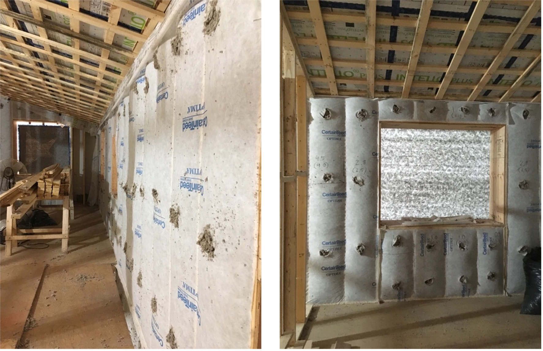 Cellulose installed behind mesh netting in the Meadow House.