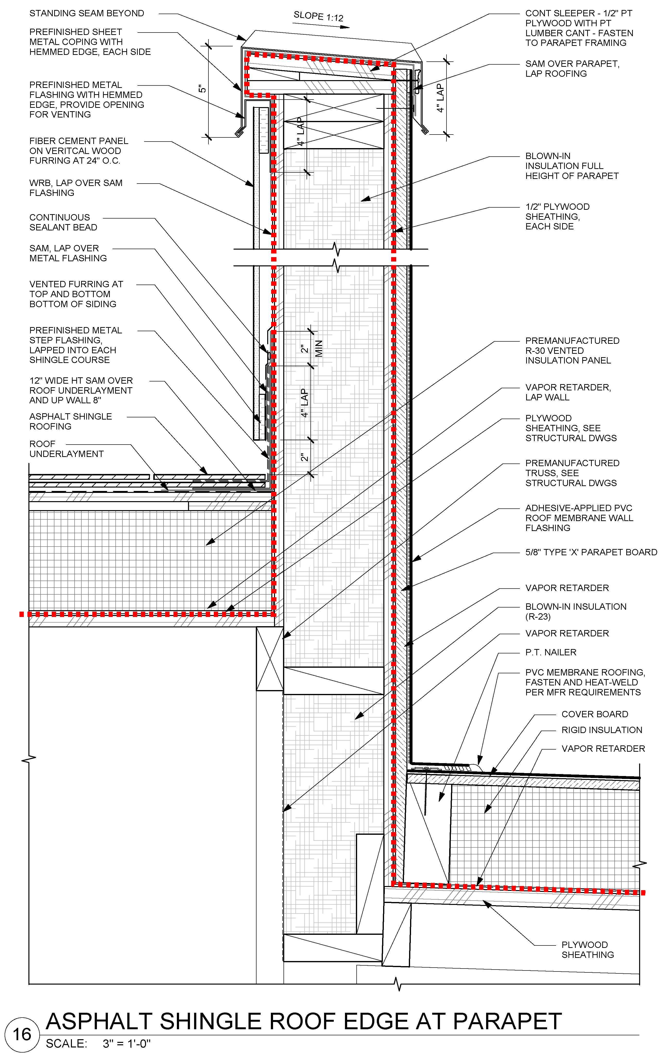 Figures. Showing detail of the asphalt shingle roof edge at parapet. To see additional details, click on the image. Courtesy of Carleton Hart Architecture