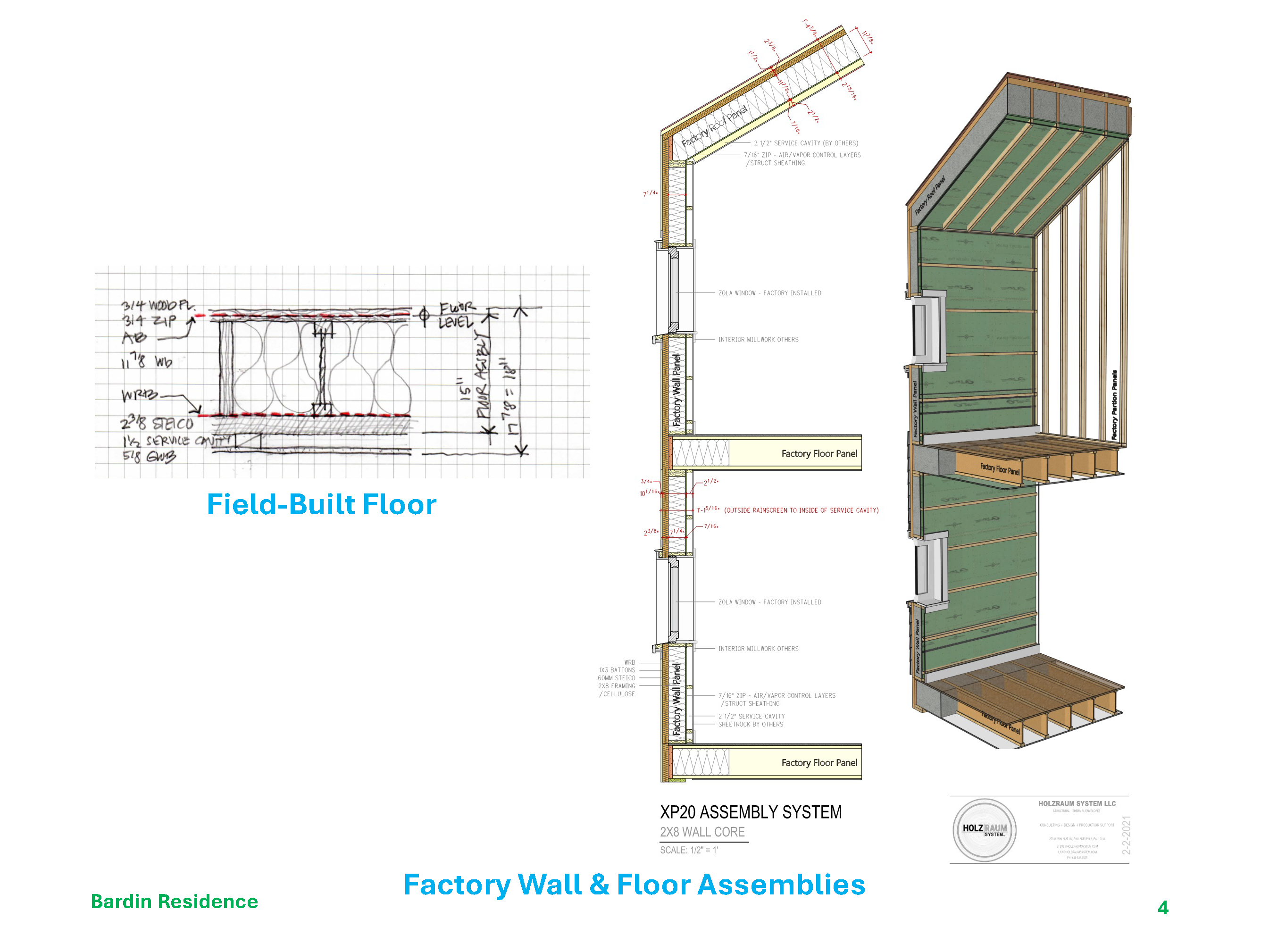 Figure 4 - HZR developed the off-site fabricated wall and roof panels, which are wood-based, vapor-open, airtight, low-carbon rainscreen assemblies. Site-built super-insulated air-tight floors use a similar approach. ICF foundations complete the envelope.