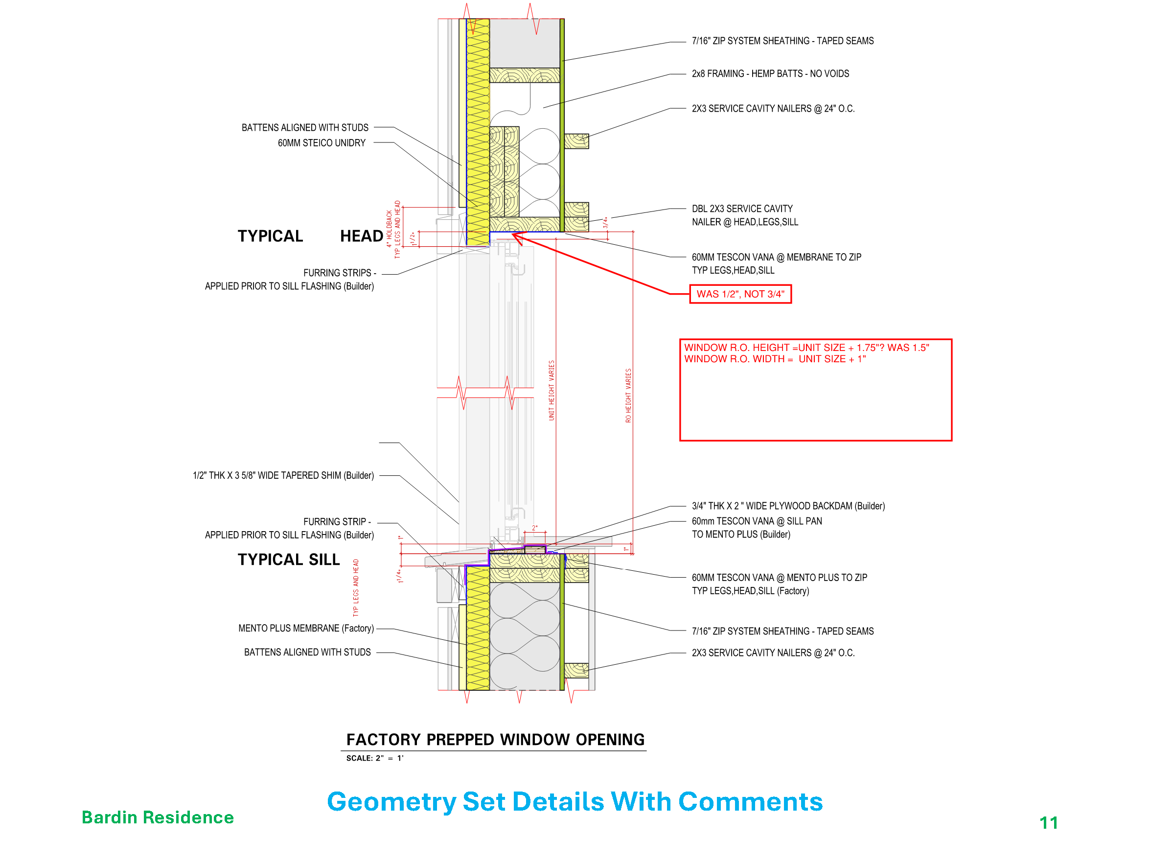 Figure 11 - The 3D geometry model focuses on the successful window installation in the wall panel. BP comments show rough opening sizes are still in flux. Windows are site installed in the factory-prepped openings.