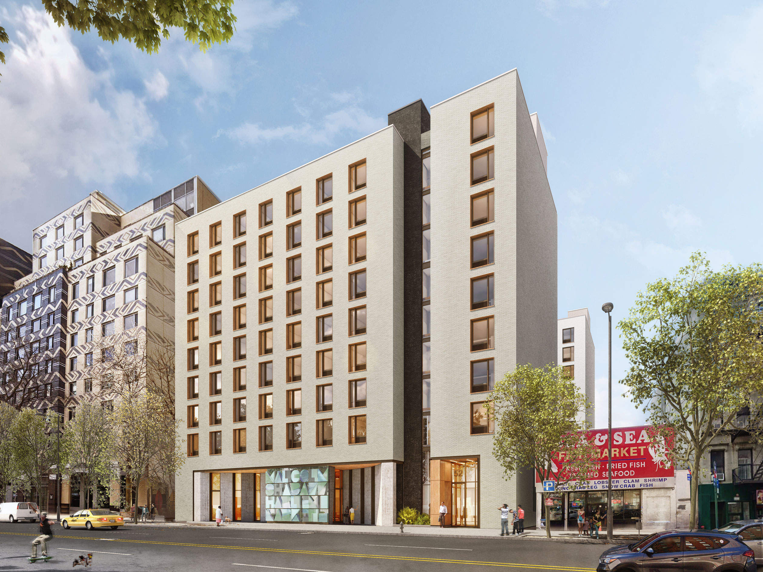 A rendering of the new Malcolm Shabazz Harlem Plaza from the north side of West 116th Street.