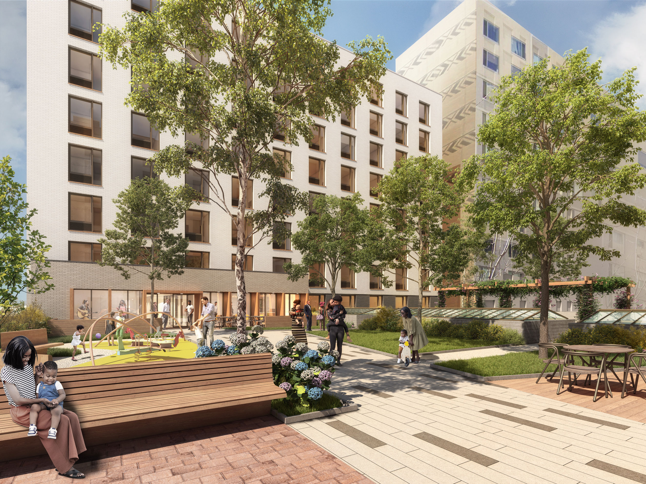 A rendering of the 8,474-ft2 landscaped terrace that sits between the building's two towers.