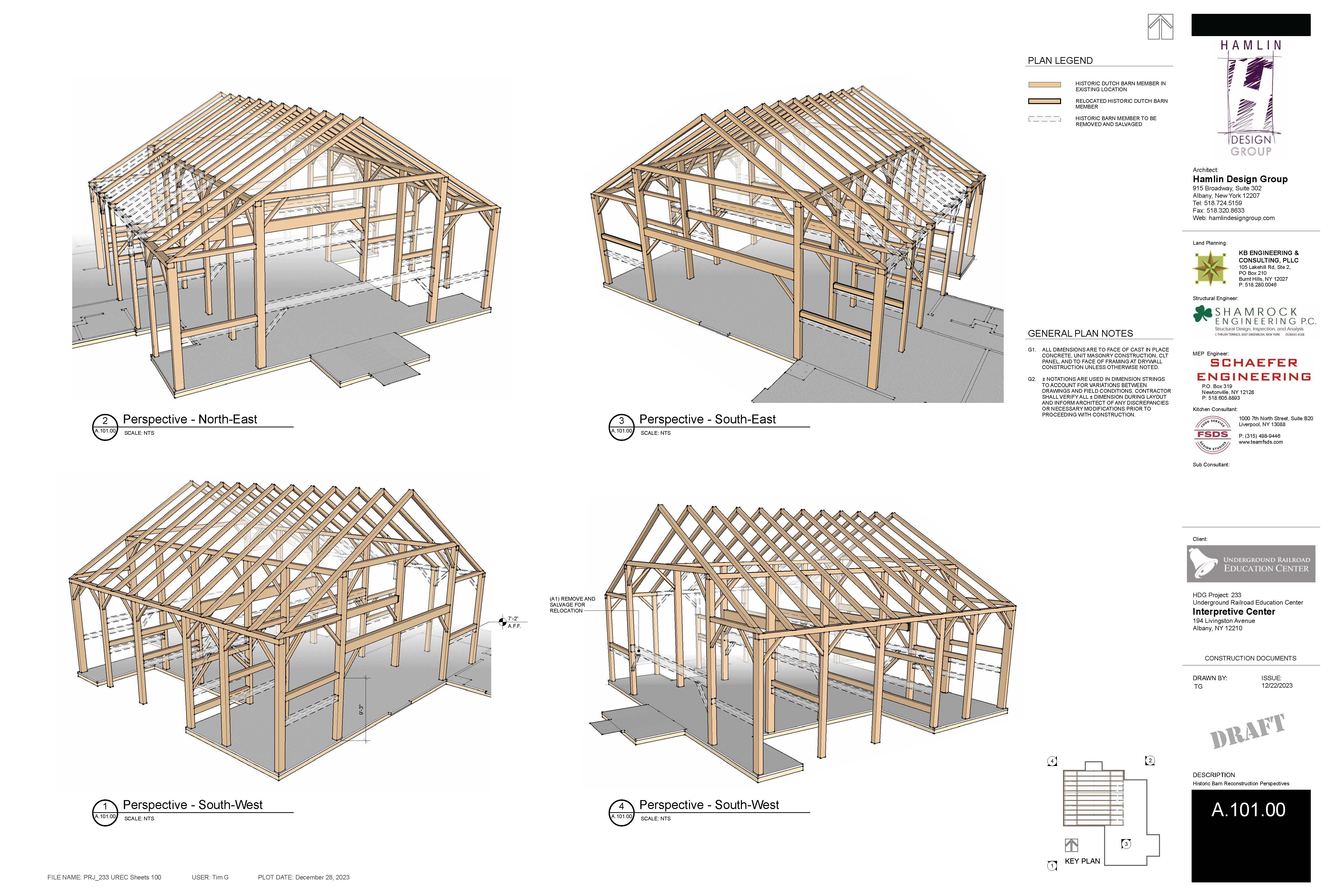 A rendering of the reclaimed timber frame courtesy of Hamlin Design Group.