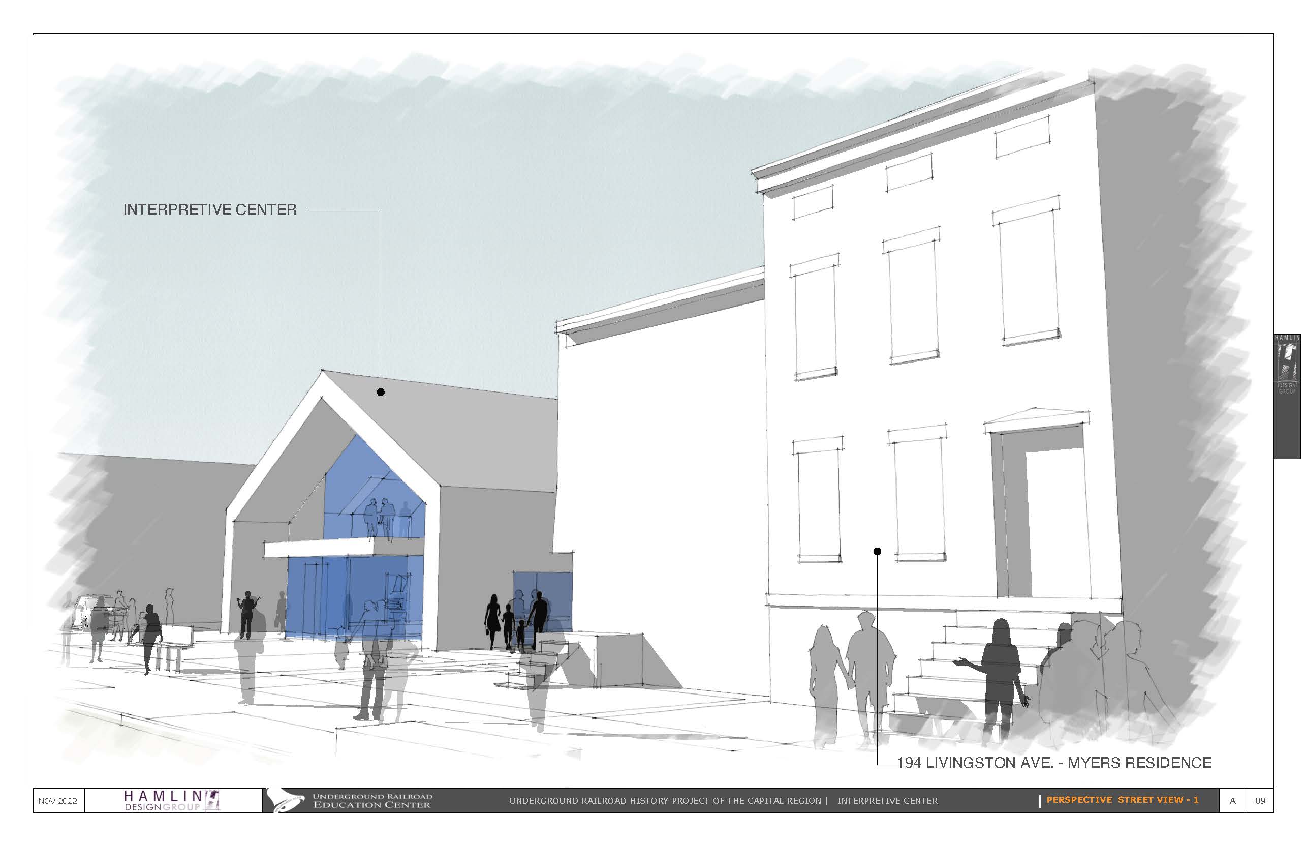 A rendering showing the relationship of the Interpretive Center to the Myers Residence courtesy of Hamlin Design Group.