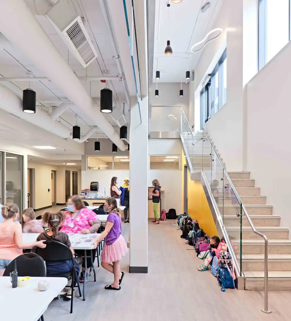 The Putman Family YWCA Passive House    View of interior multipurpose space on lower level