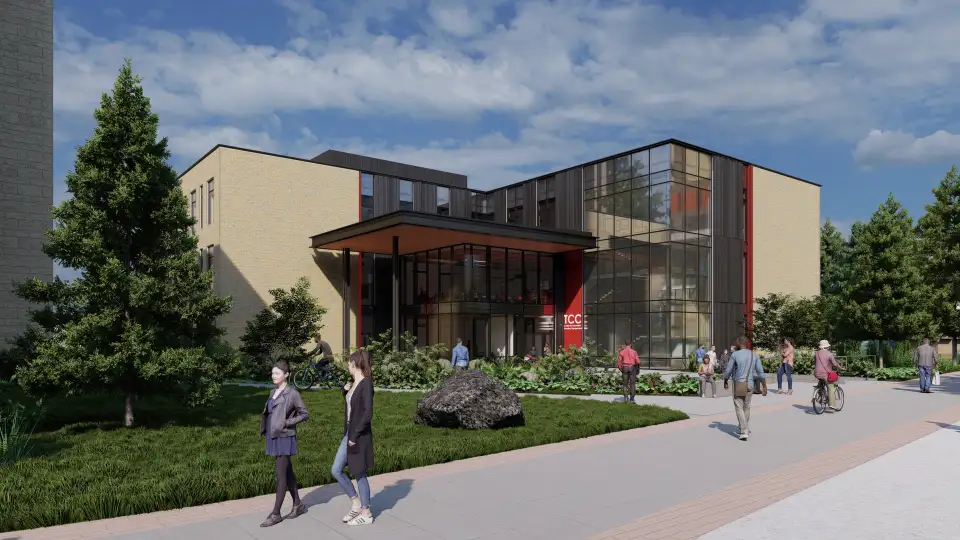 Recently completed, Tacoma Community College Center for Innovative Learning and Engagement (CILE) is a 51,325-square-foot facility with classrooms, offices, and shared spaces. Rendering courtesy of Mithun.