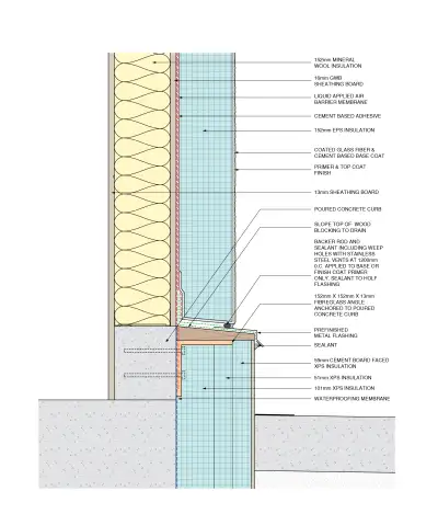 A design detail of the exterior wall at the ground floor.