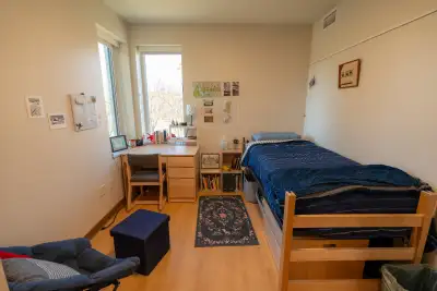 A bedroom inside one of the Phius townhouses.