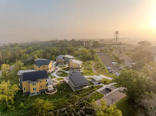 The recently completed Phius townhouses on a foggy morning.