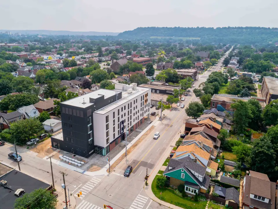The Putman Family YWCA Passive House    Aerial of the YWCA buildings surrounding neighbourhood